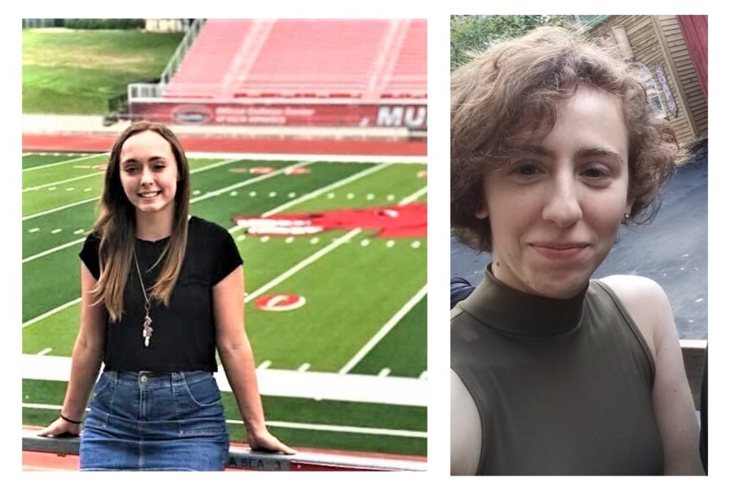Photo collage of two images. The left side is a college girl in a black top and jean skirt standing in front of the UCM football field. The right image is a close up of a college girl in a gray turtle neck tank top.