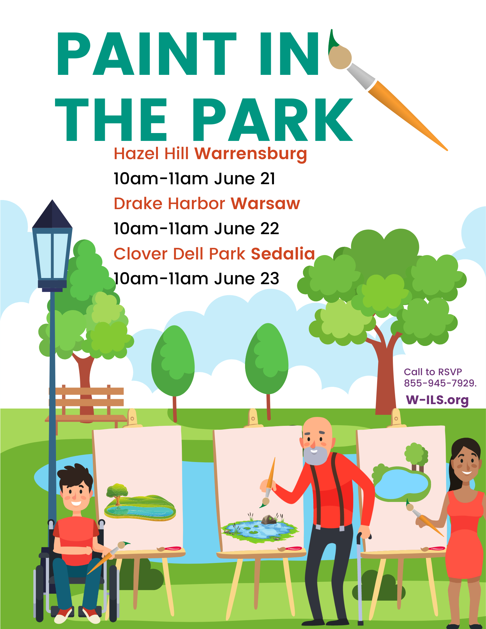 Paint in the Park with WILS. Hazel Hill Lake, Warrensburg, MO 64093 Call 55-945-7929 to RSVP