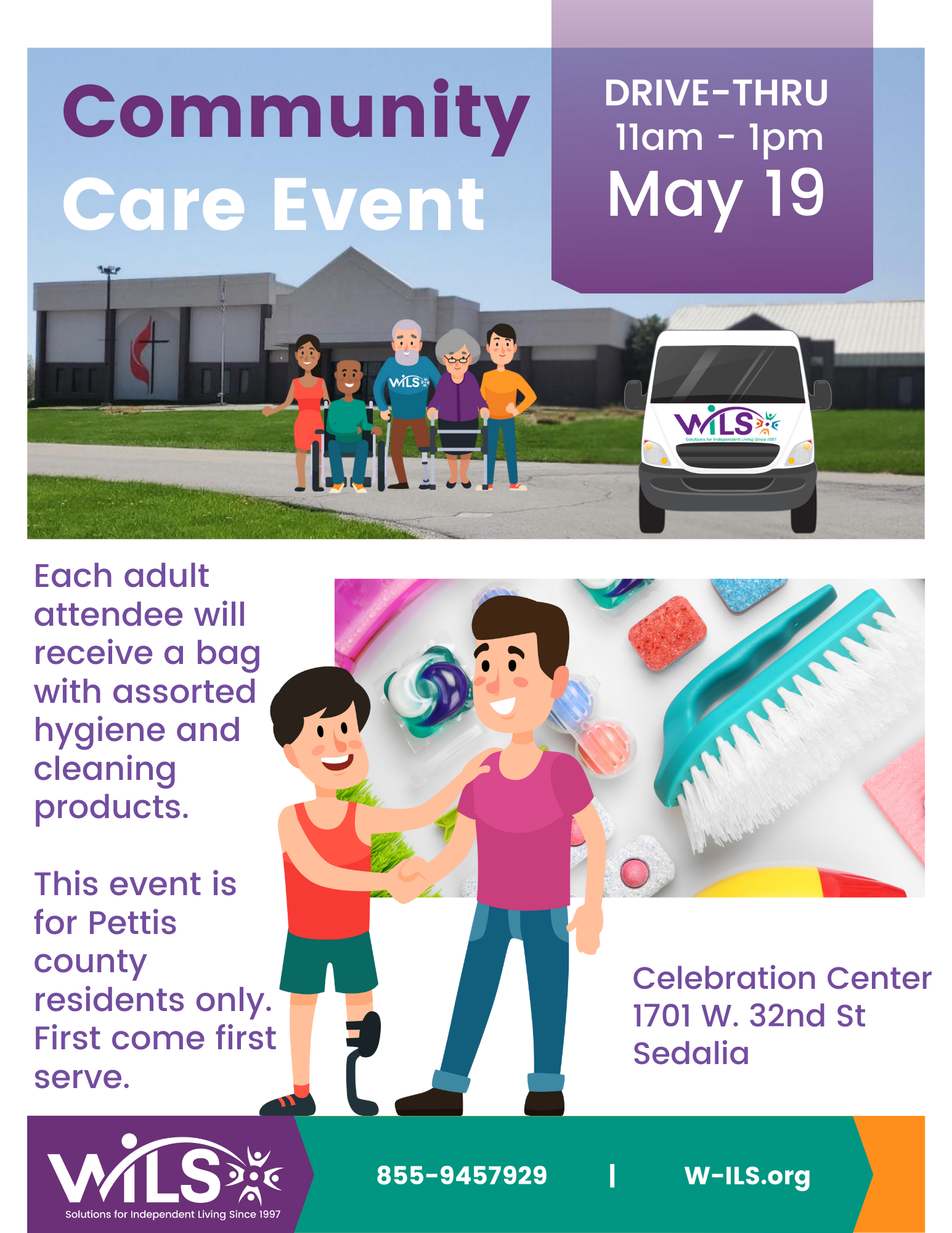 WILS is hosting a Community Care drive-thru event in Pettis county.  Each adult attendee will receive a bag with assorted cleaning products and hygiene items.  This event is for Pettis county residents only. First come first serve.