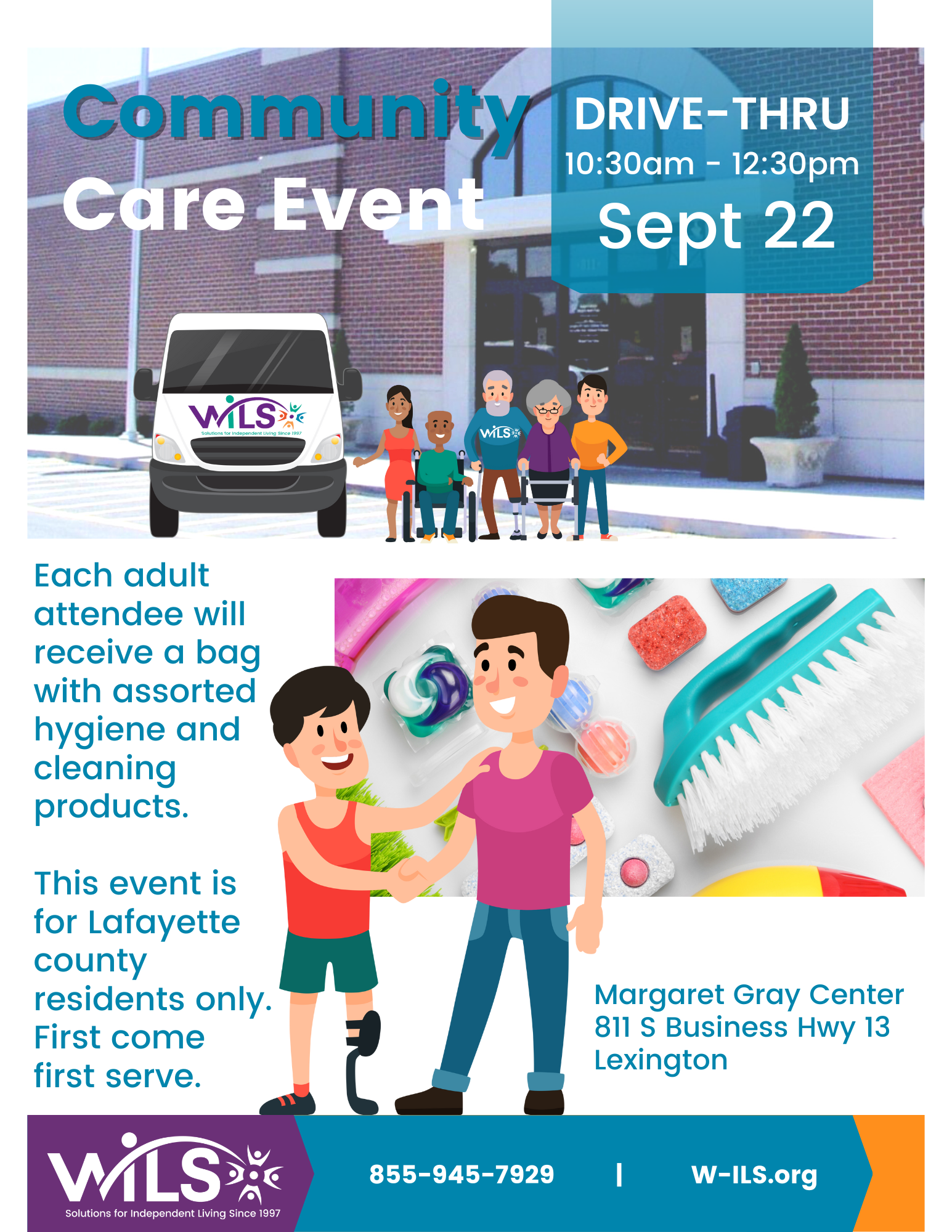 WILS is hosting a Community Care drive-thru event in Lexington.  Each adult attendee will receive a FREE bag with assorted cleaning products and hygiene items.  This event is for Lafayette county residents only. First come first serve. Sept 22, 10:30am - 12:30pm