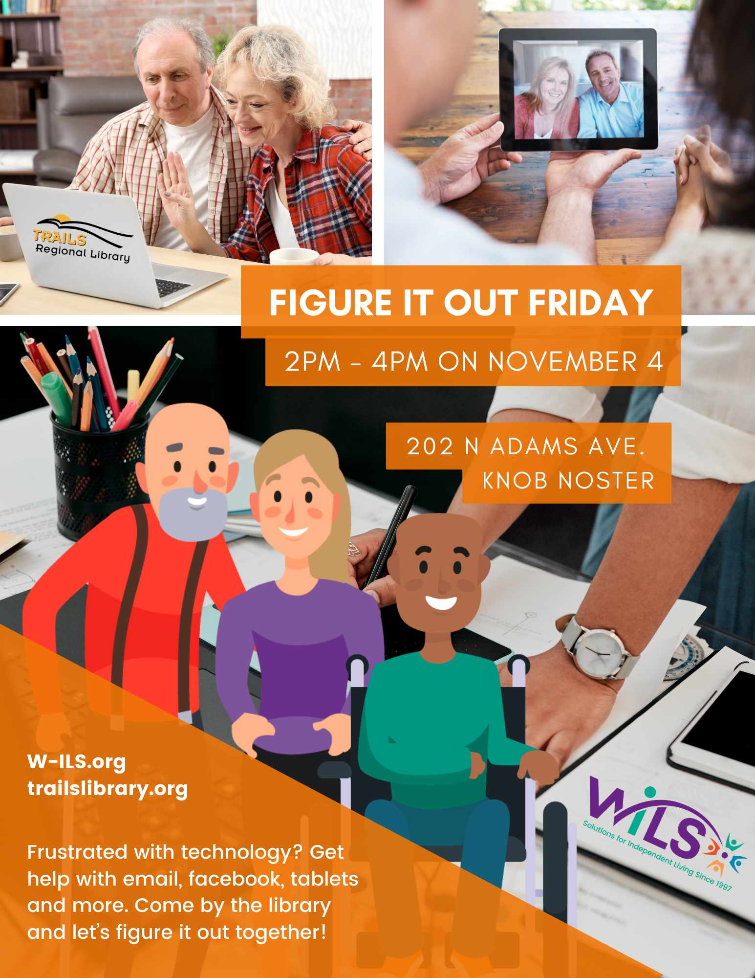 Figure it out Friday. Nov 4, 2pm - 4pm at Knob Noster Trails Regional Library.  Frustrated with technology? Get help with email, facebook, tablets and more. Come by the library and let’s figure it out together!