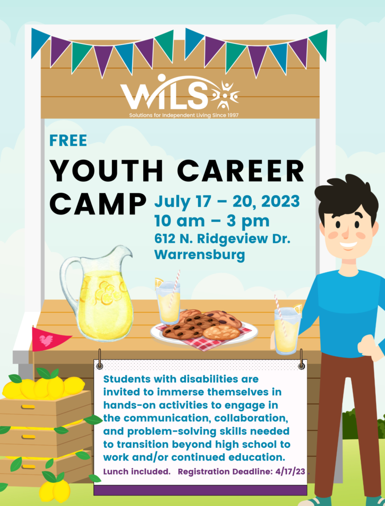 Free youth career camp. July 17 – 20, 2023 10 am – 3 pm 612 N. Ridgeview Dr. Warrensburg. Students with disabilities are invited to immerse themselves in hands-on activities to engage in the communication, collaboration, and problem-solving skills needed to transition beyond high school to work and/or continued education. Lunch included. Registration Deadline: 4/17/23 .