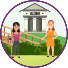 A cartoon graphic showing two individuals with different abilities going to a museum