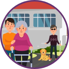 A cartoon graphic showing an older woman being helped and a visually impaired individual with a service dog