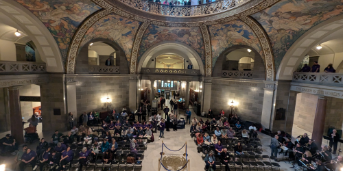 Approximately 200 people with various diabilities gathered in the Missouri state capitol first floor rotunda.